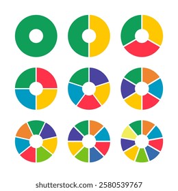 Donut charts. Pizza, pie segmented on from 1 to 9 equal parts. Diagrams infographic multicoloured. Circle section graphs. Wheels divided in sections. Charts round icons layout. Loading bar mockups.