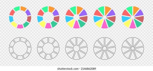 Donut charts segmented in 9 parts in colored and outline variations. Infographic wheels set. Circle diagrams or loading bars. Round shapes divided in nine equal sectors. Vector illustration