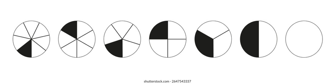 Donut charts segmented on from 1 to 7 equal parts. Diagrams infographic. Circle section minimalist graph. Black and white wheels divided in sections. Pizza, pie chart round icons. Coaching blank.