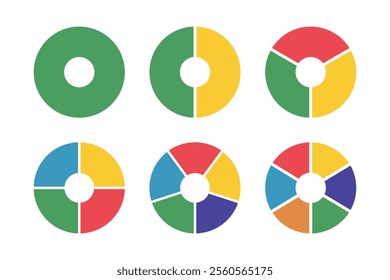 Donut charts segmented on equal parts. Diagrams infographic multicoloured. Wheels divided in sections. Circle section graph. Pie, pizza chart round icons. Loading bar templates.