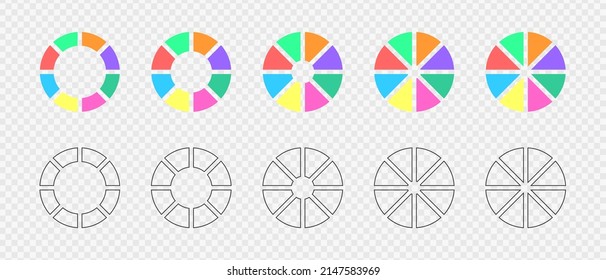 Donut charts set. Circle diagrams divided in 8 sections in flat and graphic variations. Infographic wheels, loading bars, round shapes cut in eight equal parts. Vector illustration
