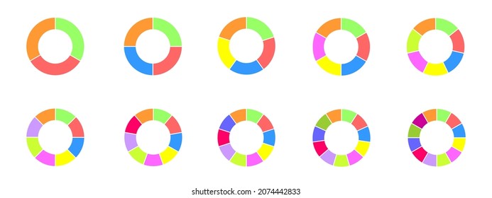 Donut charts set. Colorful circle diagrams divided in sections form 3 to 12. Infographic wheels icons. Round shapes cut in equal parts isolated on transparent background. Vector flat illustration.