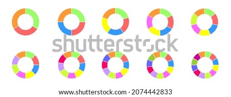 Donut charts set. Colorful circle diagrams divided in sections form 3 to 12. Infographic wheels icons. Round shapes cut in equal parts isolated on transparent background. Vector flat illustration.