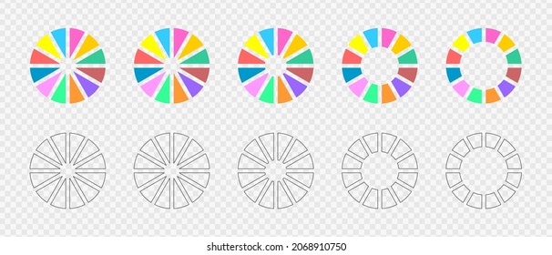 Donut Charts Set. Infographic Wheels Divided In 12 Multicolored And Graphic Sections. Circle Diagrams Or Loading Bars. Round Shapes Cut In Twelve Equal Parts. Vector Flat And Outline Illustration.