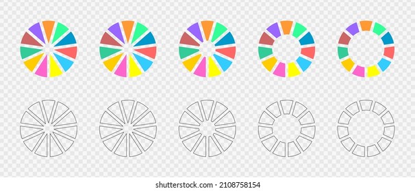Donut charts set. Infographic wheels divided in 11 multicolored and graphic sections. Circle diagrams or loading bars. Round shapes cut in eleven equal parts. Vector flat and outline illustration. - Powered by Shutterstock - Get 15% off with code: PIKWIZARD15