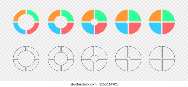 Donut charts. Set of infographic wheels divided in 4 multicolored and graphic sections. Circle diagrams or loading bars. Round shapes cut in four equal parts. Vector flat and outline illustration