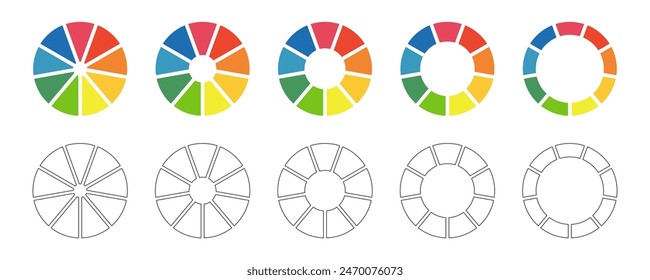 Donut charts set, pies segmented on 9 equal parts. Diagrams infographic multicolored collection. Wheels divided in nine sections. Circle section graph. Pie chart round icons. Loading bar.