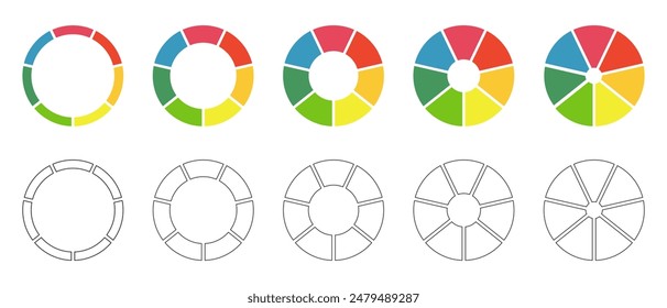 Donut charts set, pies segmented on 7 equal parts. Diagrams infographic multicolored collection. Wheels divided in seven sections. Circle section graph. Pie, pizza chart round icons. Loading bar.