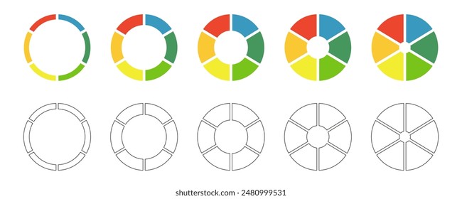 Donut charts set. Pies segmented on 6 equal parts. Wheels divided in six sections. Diagrams infographic multicolored collection. Circle section graph. Coaching blank. Pie chart round icon. Loading bar