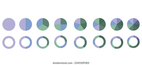 Gráficos de rosquinha definidos. Tortas segmentadas em 6 partes iguais. Rodas divididas em seis seções. Diagramas infográfico coleção multicolorida. Gráfico de seção de círculo. Coaching em branco. Ícone redondo do gráfico de pizza. 333