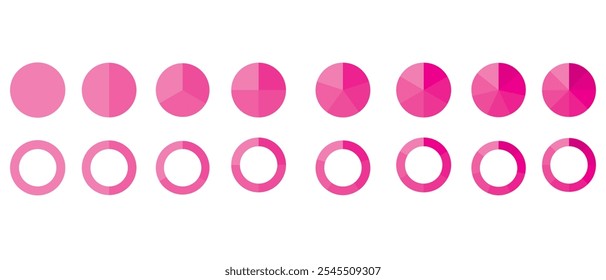 Donut charts set. Pies segmented on 6 equal parts. Wheels divided in six sections. Diagrams infographic multicolored collection. Circle section graph. Coaching blank. Pie chart round icon. 333