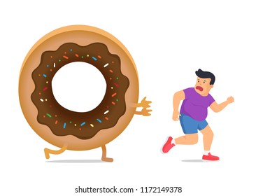 Donut chasing fat man in sportswear while he exercise. illustration about diet and workout.