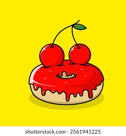 donut with cherry flavor. donut and fruit combination icon. Food and drink concept icon isolated in flat cartoon style