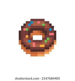 Donut. Chocolate baking. Pixel art style icon. Logo for bakery. Isolated vector illustration.	
