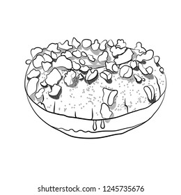 donut with chocolate chips. Vector illustration black white. sketching style coloring