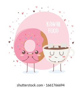donut and chocolate cup with marshmallow kawaii food cartoon character design vector illustration