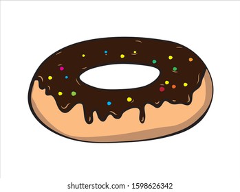 Donut with chocolate filling and colored sprinkles. Vector drawing. Blank for design, pattern