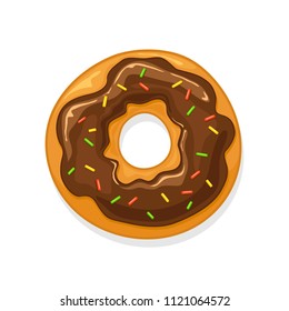 Donut with chocolate glaze and colorful sprinkles isolated on white background, illustration.