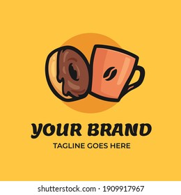 Donut with chocolate glaze and cup of coffee logo template. Vector illustration