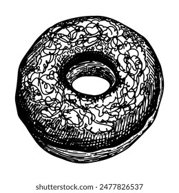 Donut mit Schokoladenglasur und Nuss-Oberteil-Skizze. Süßes Dessert. Backen von Keksen. Leckeres Essen. Handgezeichnete Vektorgrafik Liniendarstellung.