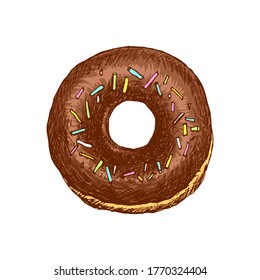 Donut in chocolate glaze on white background. Pastry product. Hand Drawn vector illustration.