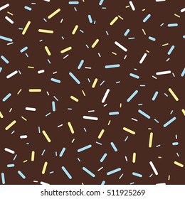 Donut chocolate glaze seamless pattern. Cream texture with topping of colorful sprinkles and beads on brown background. Food bakery decoration. Vector eps8 illustration.