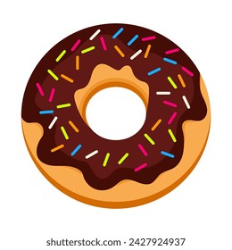  Donut with chocolate glaze and sprinkles. Bright donut for cafe, restaurant, poster, fast food, vector illustration isolated