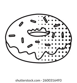 Donut with chocolate glaze and sprinkles in line art. Vector