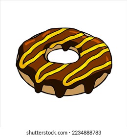 Donut with chocolate glaze. Sweet sugar dessert with icing. Outline cartoon illustration isolated on white background