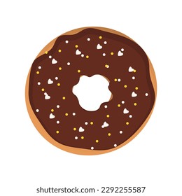 Donut in chocolate glaze, with white, fine topping and topping in the form of hearts. Sweet pastries, fast food. Flat vector illustration eps 10, isolated on white background.