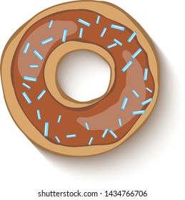Donut with a chocolate  icing sprinkled with grains. Realistic colorful donut on white sprinkled with grains background. Design for holiday designs, party, birthday, invitation. Vector