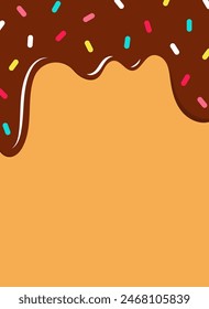 Donut chocolate icing with sprinkles. Dripping Doughnut Glaze. Banner with Dripping Glaze. Liquid syrup melt down. Sweet chocolate confectionery pouring down with drop. Card, Poster. Vector pattern