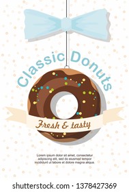 Donut with chocolate isolated on white. Vector flyer template