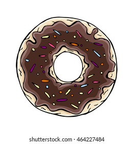 Donut chocolate isolated on white background.Vector illustration in a doodle style.Line art.Perfect for restaurant menu design, cafe, kitchen, web site, print on the cloth.Appetizing food image.Eps10.