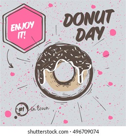 Donut with Chocolate. Sketched poster Donut Day with different elements