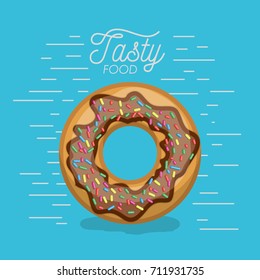 donut chocolate with sparks tasty food poster in blue background vector illustration