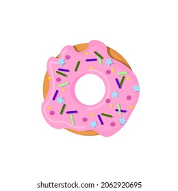 Donut close-up on a white isolated background. Donut with pink glaze and multi-colored sprinkles.