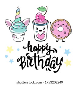 Donut, cocktail cherries and the inscription happy birthday in the style of kawaii