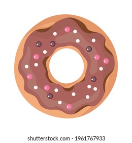 Donut with cocoa glaze and sprinkles on a white background. Top view, vector.