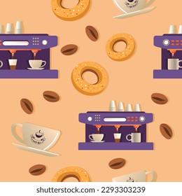 Donut and coffee beverages, cafe or shop, restaurant or bistro offer to clients. Dessert and snack for lunch, tasty drink. Seamless pattern, wallpaper print or background. Vector in flat style