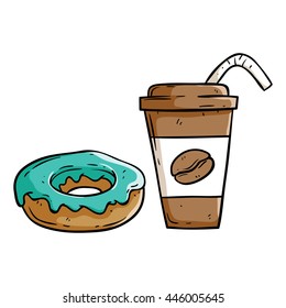 Donut with coffee cup in doodle art