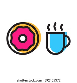 Donut with coffee cup flat vector icon on white background. For cafe and restaurant