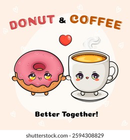 Donut and Coffee Cup Holding Hands. Cute Breakfast Friendship