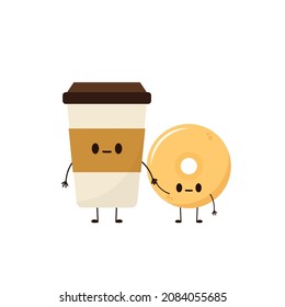 Vector de cuchara de café y de donut. diseño de caracteres. fondo de pantalla. espacio de copia.