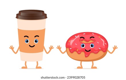 Donut and coffee, cute happy characters for menu, banner. Breakfast, food, bakery concept. Vector illustration