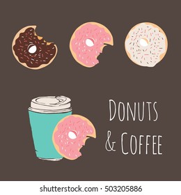 Donut and coffee hand drawn illustration. Can be used for t-shirt, banner, card and other design projects.