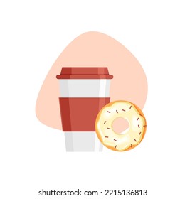 Donut and coffee icon in trendy flat style. Drink take away. Glazed doughnut with hot beverage. Vector illustration.