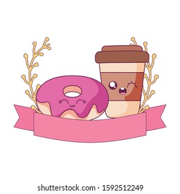 donut and coffee mug cartoon design, Kawaii expression cute character funny and emoticon theme Vector illustration