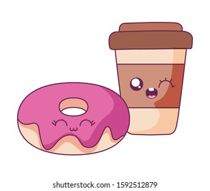 Donut and coffee mug cartoon design, Kawaii expression cute character funny and emoticon theme Vector illustration