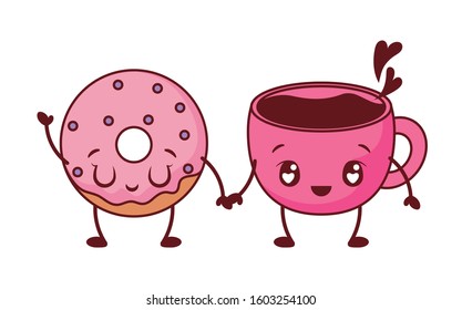 donut and coffee mug cartoon design, Kawaii expression cute character funny and emoticon theme Vector illustration
